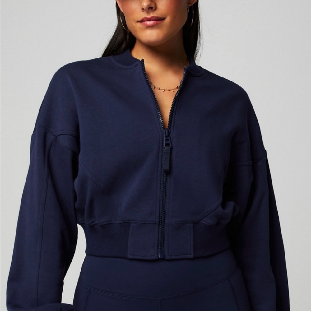 NWT* Fabletics Cropped Year Round Terry Bomber Jacket in Deep Navy. Size S